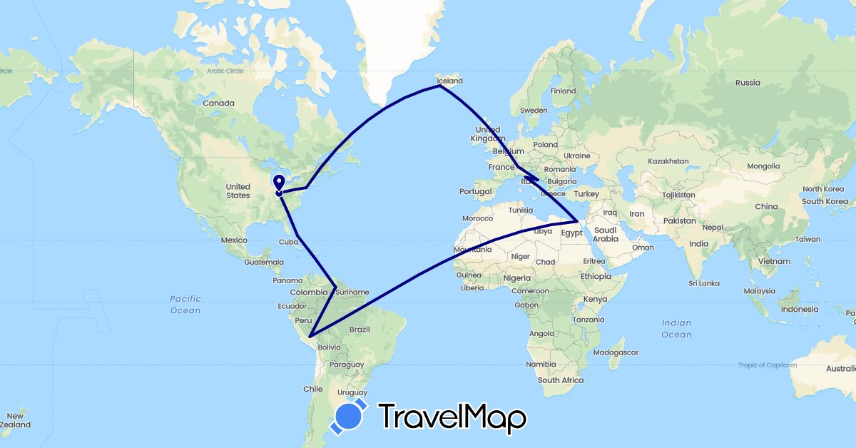 TravelMap itinerary: driving in Bahamas, Switzerland, Egypt, Croatia, Iceland, Italy, Peru, United States, Venezuela (Africa, Europe, North America, South America)